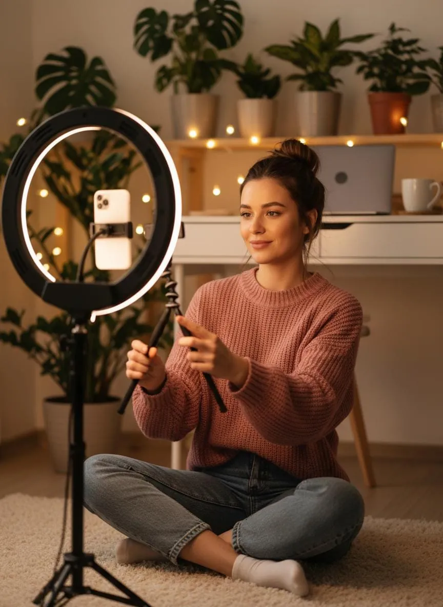 Creator preparing a recording beside a ring light