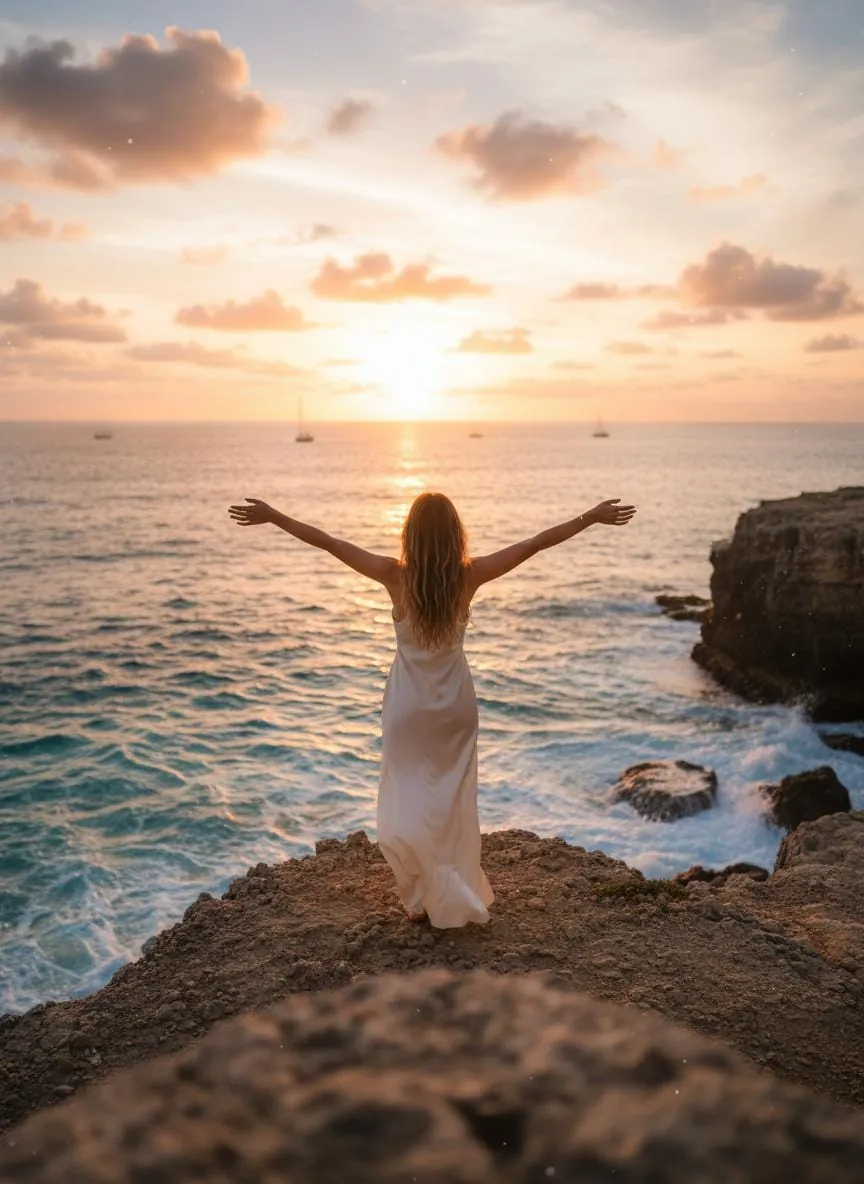 A woman enjoying the rocky coast at sunset