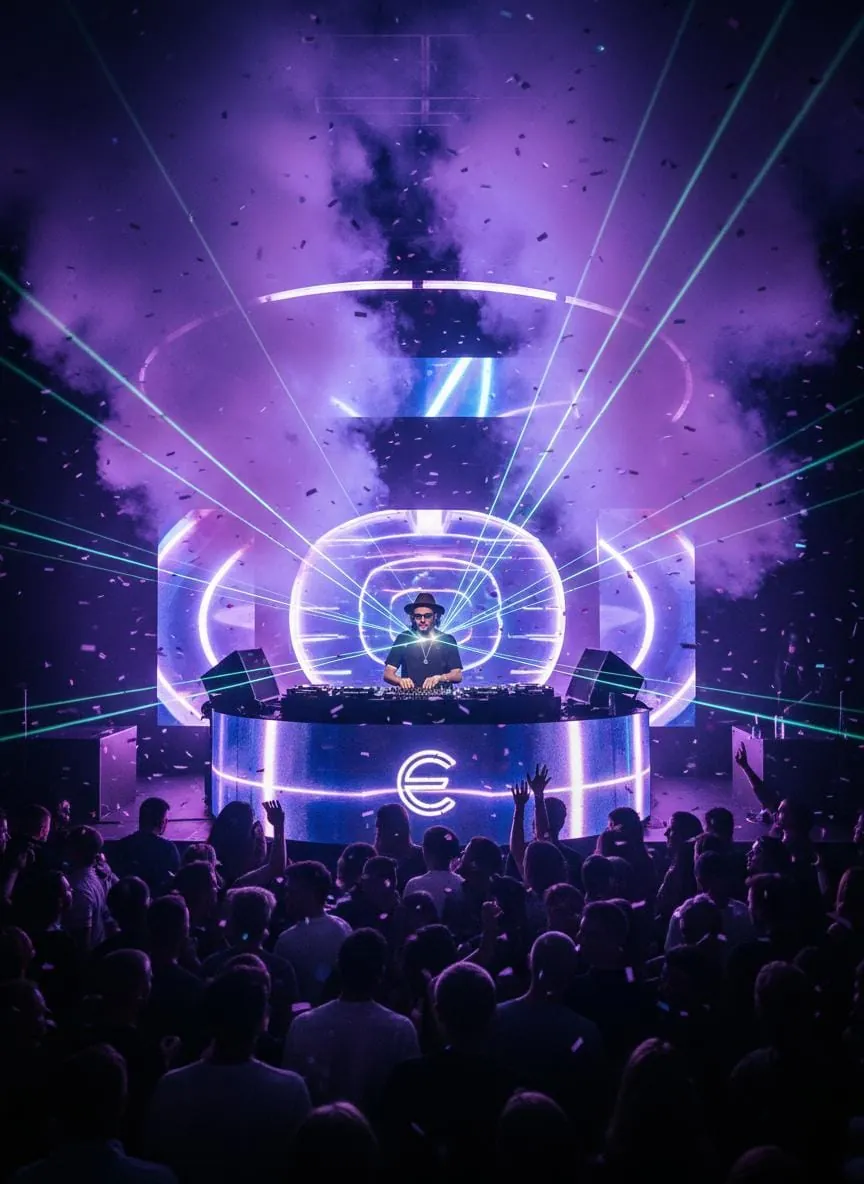 Audience watching a live stage with purple lighting