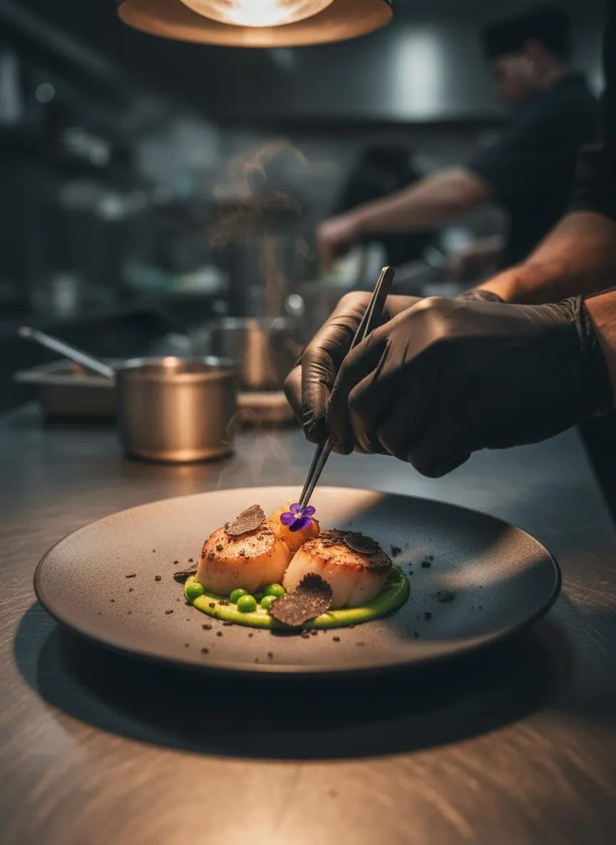 Chef carefully plating a dish in a professional kitchen