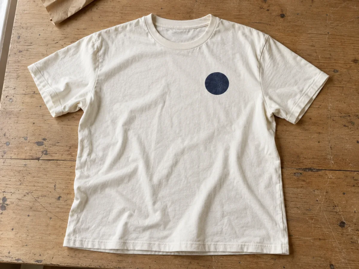 Illustrative cotton T-shirt with a navy circle, laid on a worn wooden table